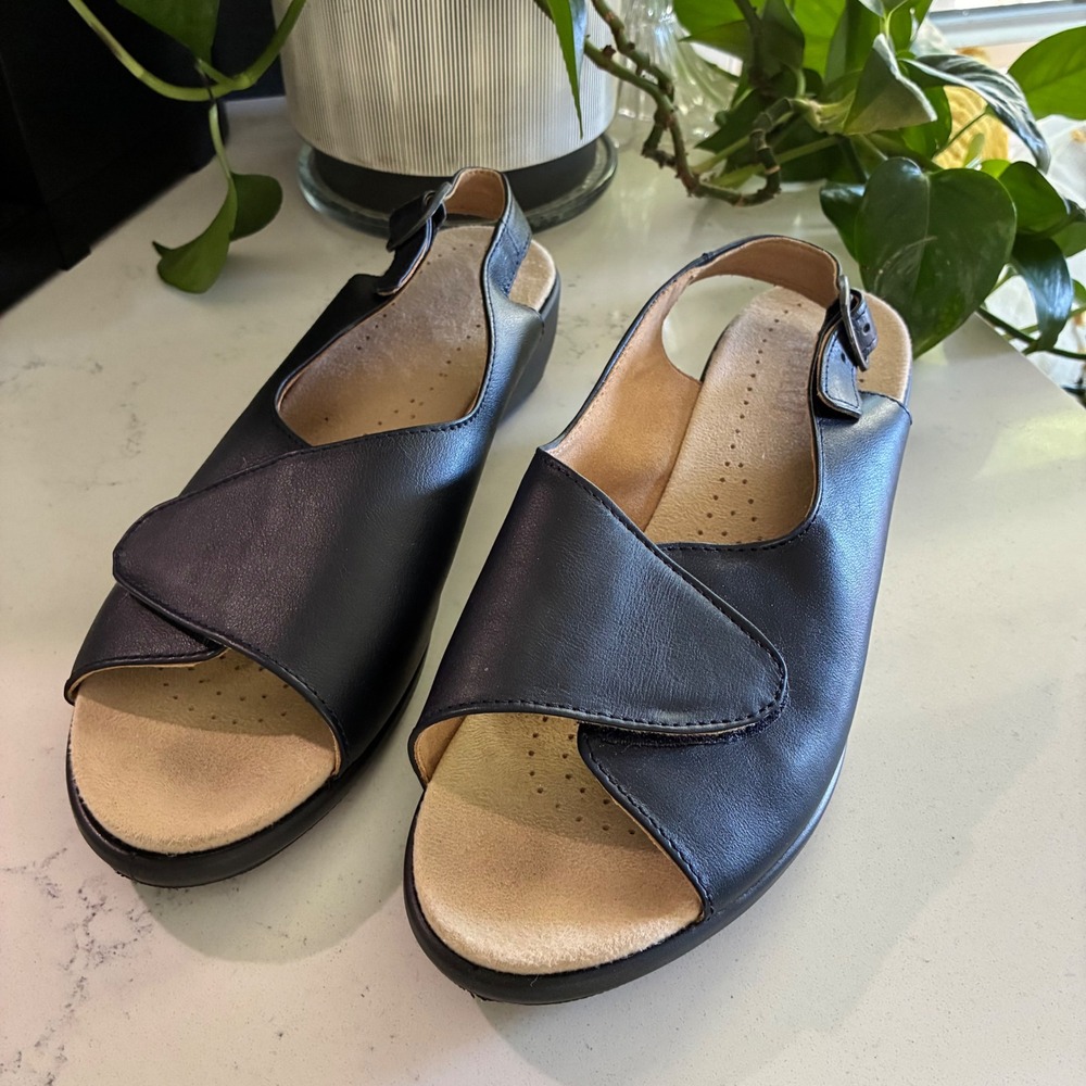 Hotter Sandals 7.5 Navy Olivia Slingback Wedge Leather Hook Loop Comfort Grandma